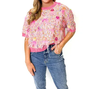 Queen Of Sparkles Sequin Feather Sweater Top In Pink Multi