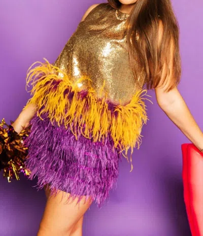 Queen Of Sparkles Sequin Feather Tank In Purple/gold
