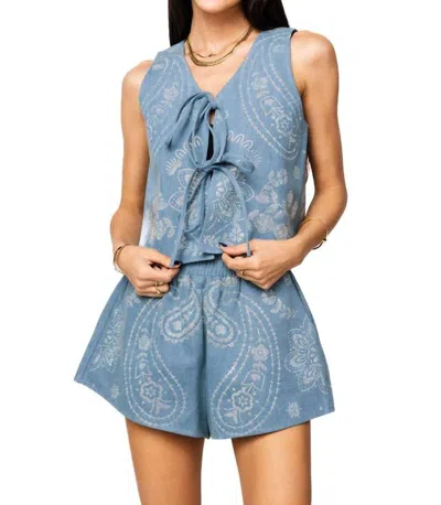 Queen Of Sparkles Sequin Paisley Print Tie Tank In Denim In Blue