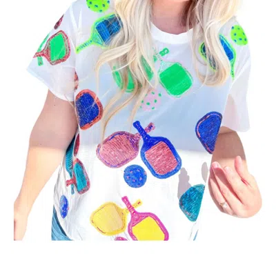 Queen Of Sparkles Sequin Pickleball Active Tee In White