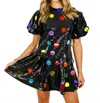 Queen Of Sparkles Sequin Poof Sleeve Rainbow Paillette Dress In Black In Black