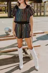 Queen Of Sparkles Sequin Rhinestone Stripe Flutter Top In Black In Black