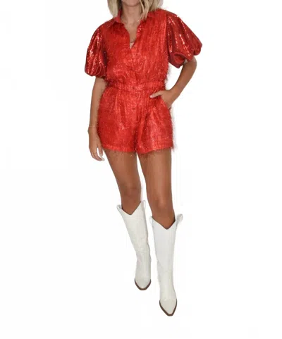 Queen Of Sparkles Sequin Sleeve Tinsel Romper In Red In Black