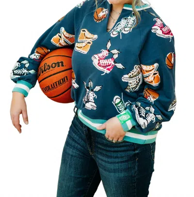 Queen Of Sparkles Sneakers With Wings W/ Basketball Sweatshirt In Blue In Multi