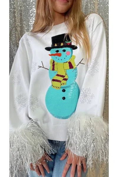 Queen Of Sparkles Snowman Shimmer And Sequins Sweater In White