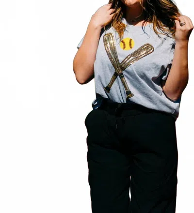 Queen Of Sparkles Softball Short Sleeve Tee In Grey & Gold In Multi
