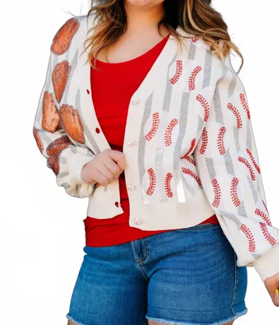 Queen Of Sparkles Stripe Baseball & Glove Cardigan In Grey & White
