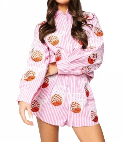 Queen Of Sparkles Stripe Basketball Hoop Button Up Top In Pink And White In Green