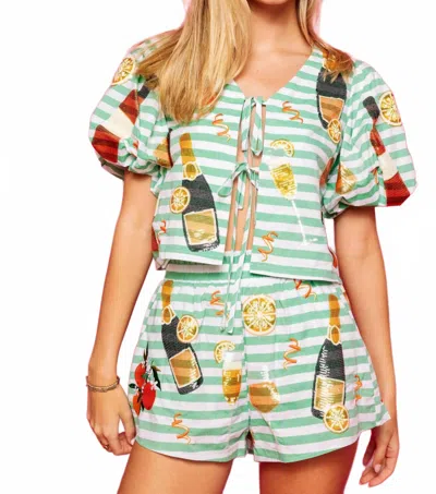 Queen Of Sparkles Stripe Cotton Mimosa Icon Poof Sleeve Tie Top In Green White Stripe