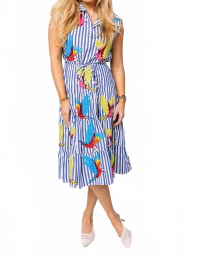 Queen Of Sparkles Stripe Multi Parrot Tie Midi Cotton Dress In Navy & White