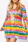 Queen Of Sparkles Stripe Paillette Long Sleeve Knit Dress In Rainbow In Multi