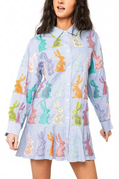 Queen Of Sparkles Striped Multi Easter Bunny Button Up Cotton Dress In Blue & White