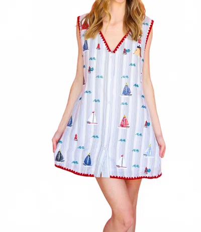 Queen Of Sparkles Striped Sailboat V Neck Tank Dress In Blue, White