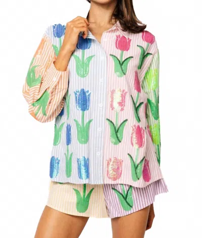 Queen Of Sparkles Striped Sequin Tulip Button Up Long Sleeve Top In Multi In Pink