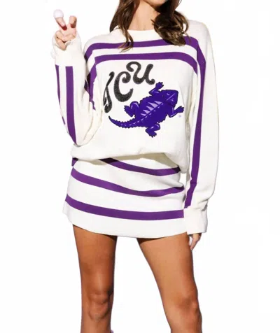 Queen Of Sparkles Tcu Hornfrogs Striped Long Sleeve Sweater In White & Purple In Multi