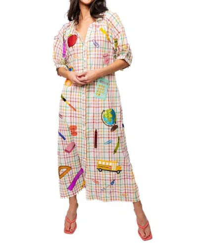 Queen Of Sparkles Teacher Icon Button Up Cotton Midi Dress In Rainbow Plaid In Multi