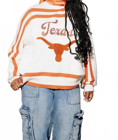 Queen Of Sparkles Texas Longhorn Striped Long Sleeve Sweater In Burnt Orange & White In Multi