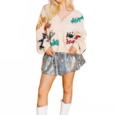 Queen Of Sparkles Thanks Glitter Script Cardigan In Beige Multi