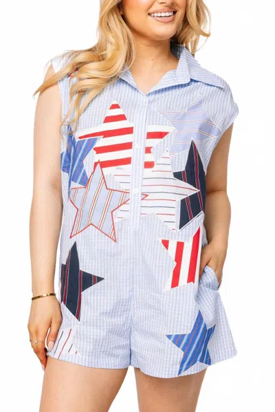 Queen Of Sparkles Usa Stripe Patch Stars Romper In Blue & White Gingham In Multi