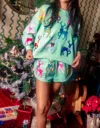 Queen Of Sparkles Velvet Reindeer & Bows Shorts In Mint Green
