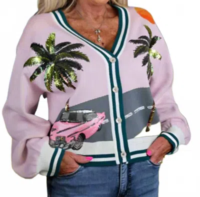 Queen Of Sparkles Vintage Car Tropical Cardigan In Light Pink In Multi