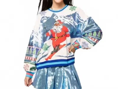 Queen Of Sparkles Vintage Skiing Santa Sweatshirt In White And Blue In Multi