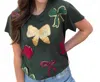 Queen Of Sparkles Women's Custom Holiday Bow Tee In Green In Green