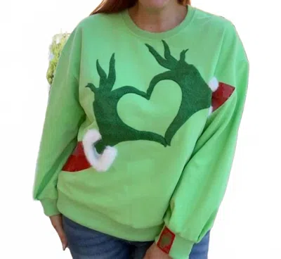 Queen Of Sparkles Women's Grinch Heart Hands Sweatshirt In Green