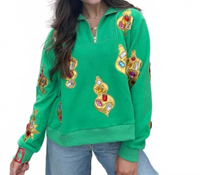 Queen Of Sparkles Women's Jeweled Ornament Collar Sweatshirt In Green & Gold