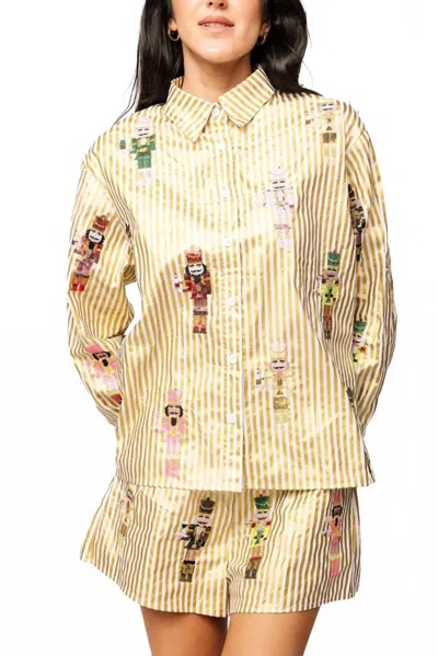 Queen Of Sparkles Women's Metallic Stripe Cocktail Serving Nutcracker Button Up Top In Gold