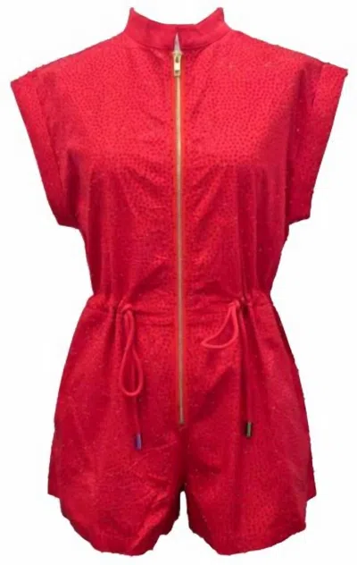 Queen Of Sparkles Women's Rhinestone Zip Up Romper In Red