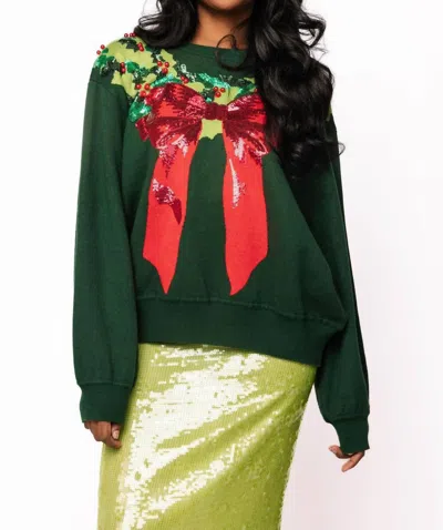Queen Of Sparkles Wreath Around Neck Long Sleeve Sweater In Green In Burgundy