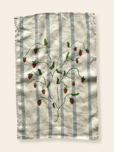Queen Of The Rodeo Blue Linen Tea Towel - Strawberry Vines