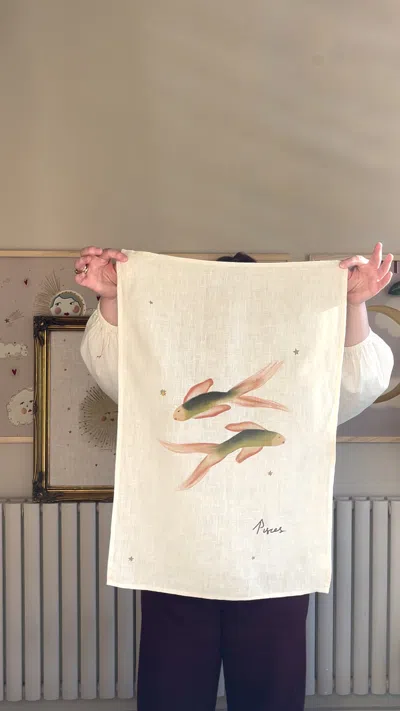 Queen Of The Rodeo Neutrals Zodiac Linen Tea Towel - Pisces Sign