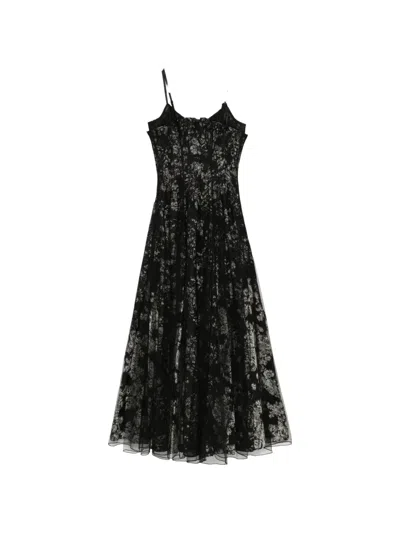 Quetsche Floral-jacquard Tulle-overlay Dress In Black