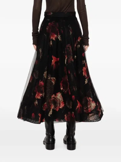 Quetsche Floral-lace Tulle-overlay Midi Skirt In Black