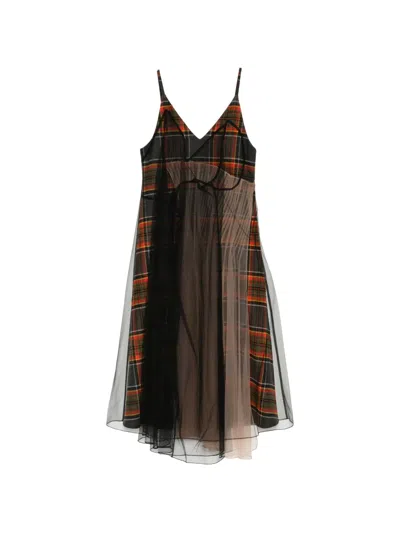 Quetsche Tartan-print Mesh-overlay Dress In Black
