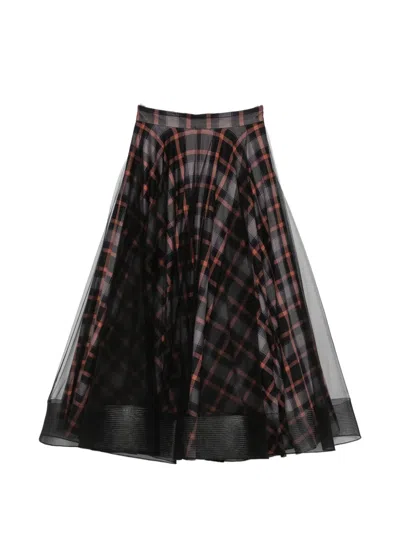 Quetsche Tulle-overlay Check-pattern Maxi Skirt In Black