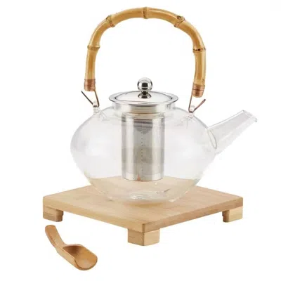 Quikfurn 1 Quart Glass Teapot Kettle With Stainless Steel Tea Infuser And Bamboo Handle In Brown