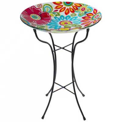 Quikfurn 18-inch Blue Yellow Red Pastel Flowers Painted Glass Outdoor Bird Bath W/ Stand