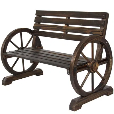 Quikfurn 2 Person Farmhouse Wagon Wheel Wooden Bench