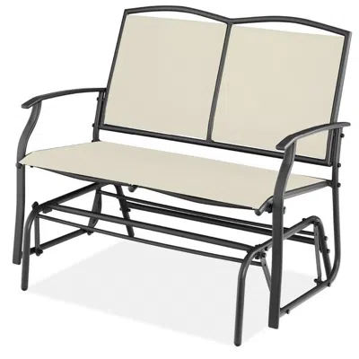 Quikfurn 2 Seat Mesh Patio Loveseat Swing Glider Rocker With Armrests In Off White In Brown