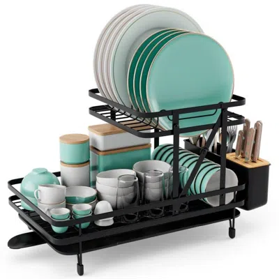 Quikfurn 2 Tier Black Metal Foldable Dish Rack With Removable Drip Tray In Green
