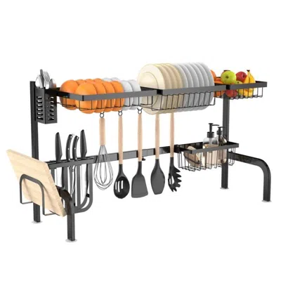 Quikfurn 2 Tier Black Steel Adjustable Over The Sink Dish Drying Rack