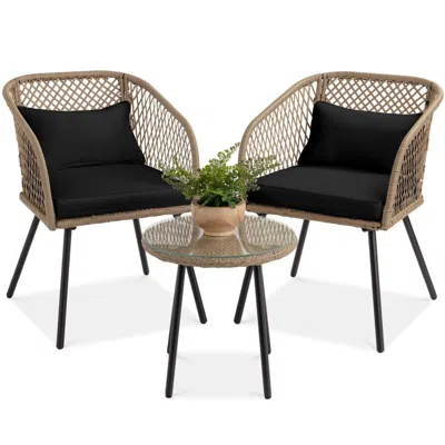 Quikfurn 3 Piece Beige/black Outdoor Weave Wicker Bistro W/ Tempered Glass Side Table Set