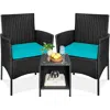 Quikfurn 3-piece Black Pe Wicker Outdoor Dining Patio Furniture Set W/ Teal Blue Cushions