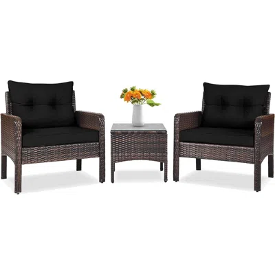 Quikfurn 3-piece Brown Pe Rattan Outdoor Dining Patio Furniture Set With Black Cushions