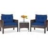 Quikfurn 3-piece Brown Pe Rattan Outdoor Dining Patio Furniture Set With Blue Cushions