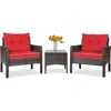 Quikfurn 3-piece Brown Pe Rattan Outdoor Dining Patio Furniture Set With Red Cushions