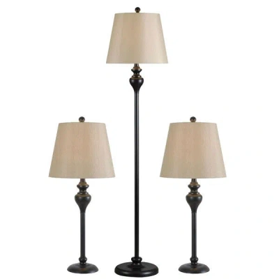 Quikfurn 3-piece Floor Lamp And Table Desk Lamp Set In Black With Light Gold Drum Shades